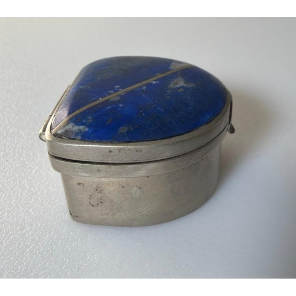 Lapis Lazuli Ring Pill Trinket Box Silver Metal Trim & Hinged Lid Pyrite Flecks - Picture 3 of 11
